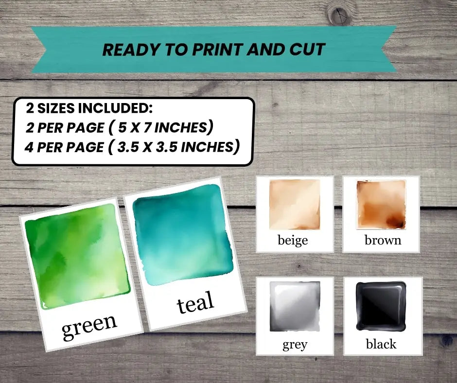 12 color cards - educational printable flash cards